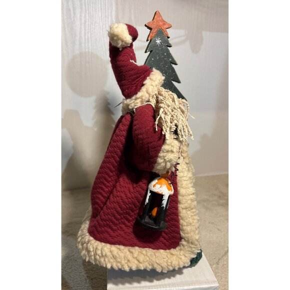 Rustic Santa Claus Tree Topper Figurine Wood Tree & Lantern 14" Quilted Christma - Picture 3 of 8